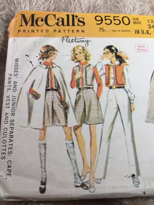PATTERN MCCALL`S 9550*1968 (VERY VINTAGE, NEAT & TIDY PATTERN) - CAPE,PANTS,VEST,CULOTTES (SIZE 12)