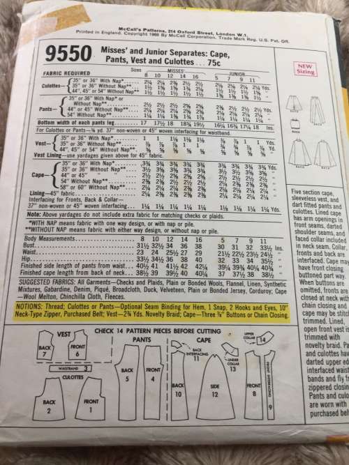 PATTERN MCCALL`S 9550*1968 (VERY VINTAGE, NEAT & TIDY PATTERN) - CAPE,PANTS,VEST,CULOTTES (SIZE 12)