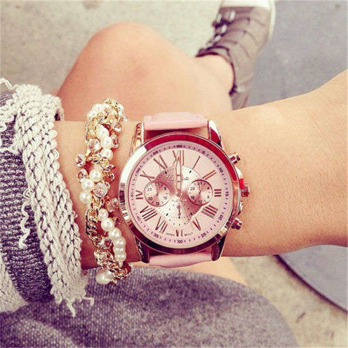 New Fashion Geneva Platnum Women Leather Band Stainless Steel Quartz Analog Wrist Watch