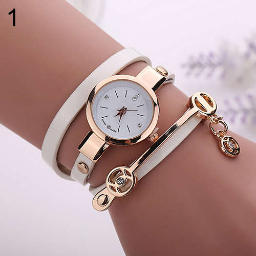 Women Long Slim Faux Leather Strap Round Analog Crystal Dial Quartz Wrist Watch