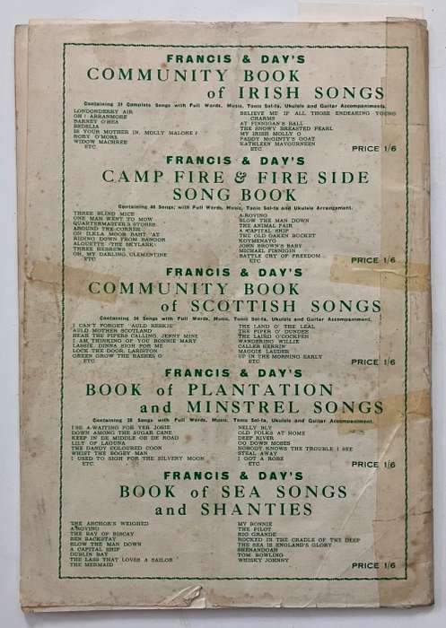 Community Book of Irish Songs -  Francis & Day. RARE softcover, undated