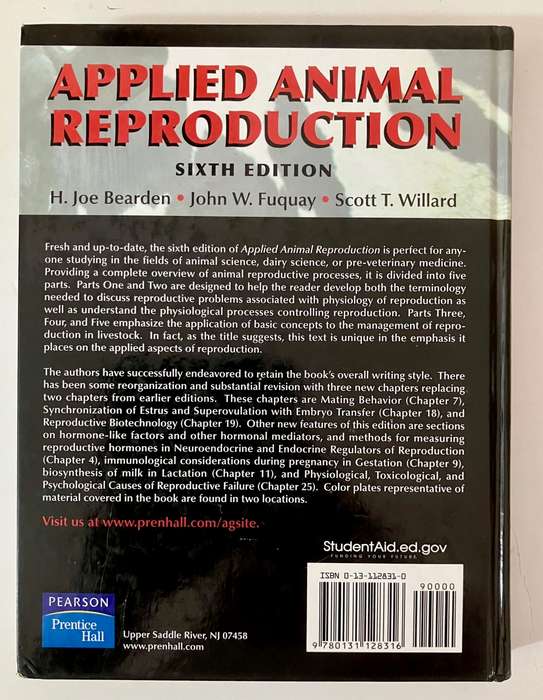 Applied Animal Reproduction - Bearden, Fuquay and Willard. Hardcover no dj. 6th Ed. 2004