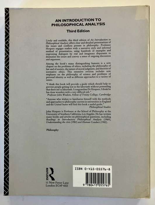 An Introduction to Philosophical Analysis - John Hospers. Softcover 3rd Ed, 1990