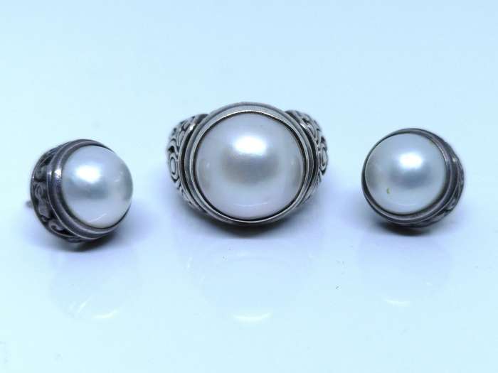 Vintage 925 Silver Filigree Design | Ring & Earrings | Set With Natural Mabe Pearls | Size N 1/2