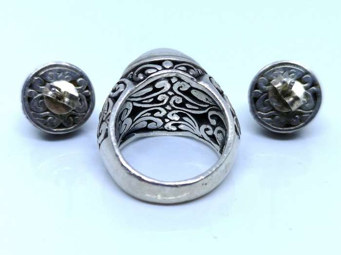 Vintage 925 Silver Filigree Design | Ring & Earrings | Set With Natural Mabe Pearls | Size N 1/2