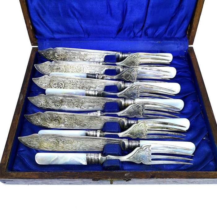 120 Year old | Fish Fork and Knife Set | EPNS | MOP | Mother Of Pearl Handles | Engraved Details