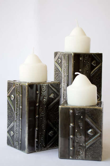 Set of 3 Pewter Art Candle Holders