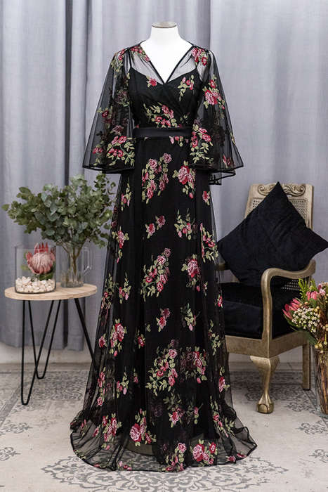 Beautiful Black tulle with floral embroidery occasion or wedding dress - SIZE 10