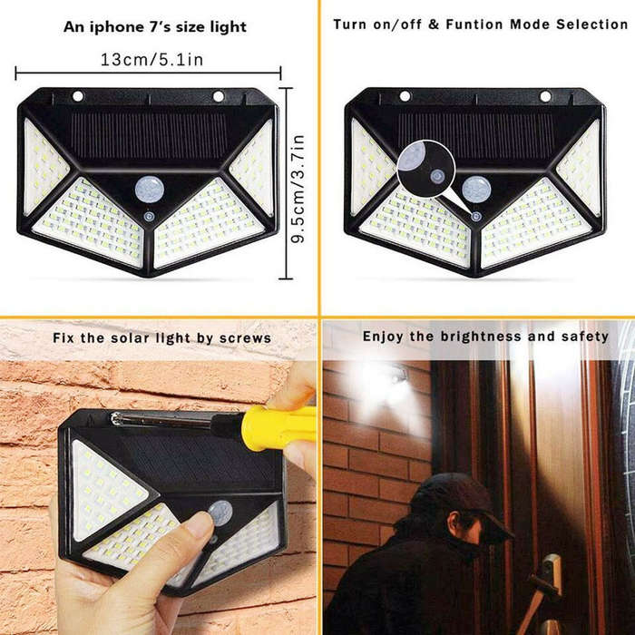 100 LED Solar Waterproof Power Supply PIR Motion Sensor Wall Light Outdoor Garden Light