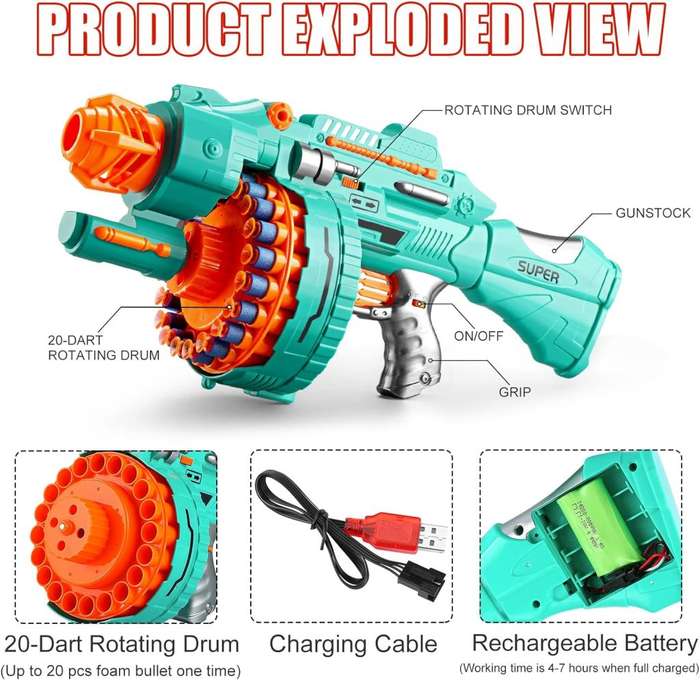 Automatic Electric Toy Foam Blasters & Guns with 200 Foam Bullets, 20-Dart Rotating