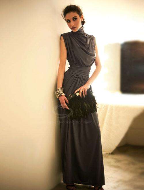 Open Back Turtle Neck Sleeveless Black Maxi Dress For Women