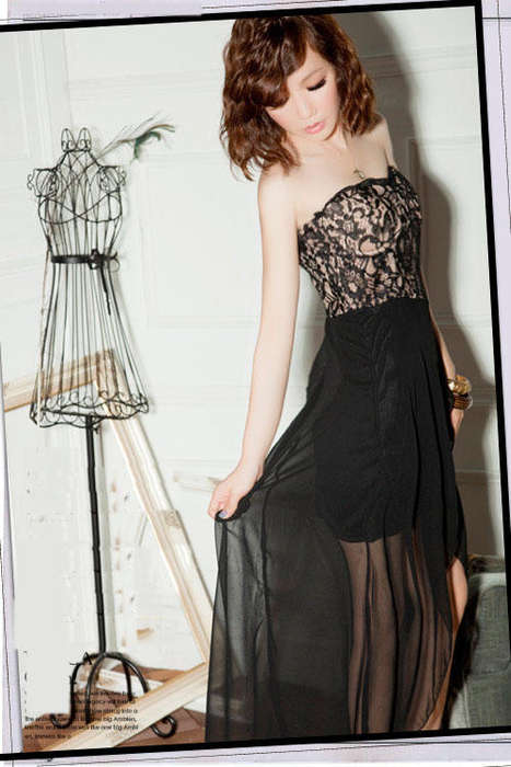 Women's Cute Black Off The Shoulder Patchwork Chiffon Knee-Length Asymmetrical - *DOOR DELIVERY R45*