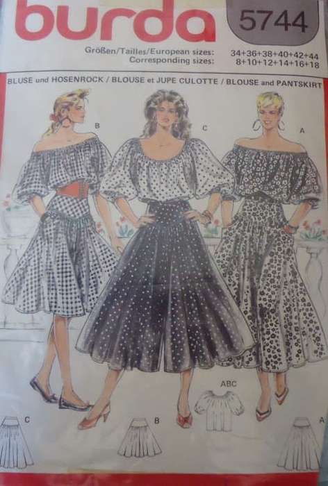 BURDA 5744 GYPSY OFF THE SHOULDER TOP & SKIRT SIZE8-18 COMPLETE