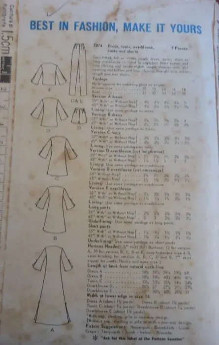 VINTAGE VOGUE 7074 DRESS -TUNIC-OVERBLOUSE-PANTS-SHORTS SIZE 12 BUST 32` COMPLETE -ZIPLOC BAG
