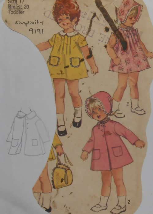 VINTAGE SIMPLICITY 9191 TODDLERS DRESS-COAT-REVERSIBLE HAT SIZE 1 YEAR BREAST 20  SEWING PATTERN