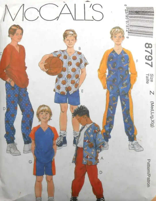 McCALLS 8797 BOYS SHIRT-TOP-PULL ON PANTS-SHORTS SIZE M-L-XL (7-16 YEARS) COMPLETE SEWING PATTERN