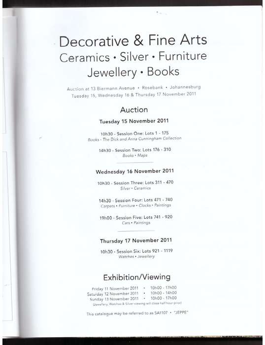 Decorative & Fine Arts:  November 2011 (Auction Catalogue) -- Stephan Welz & Co