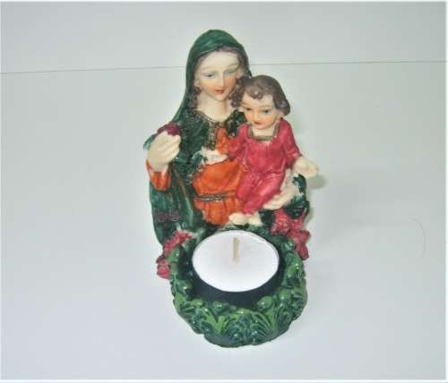 VIRGIN MARY AND YOUNG JESUS STONE RESIN CANDLE HOLDER 11 cm HEIGHT