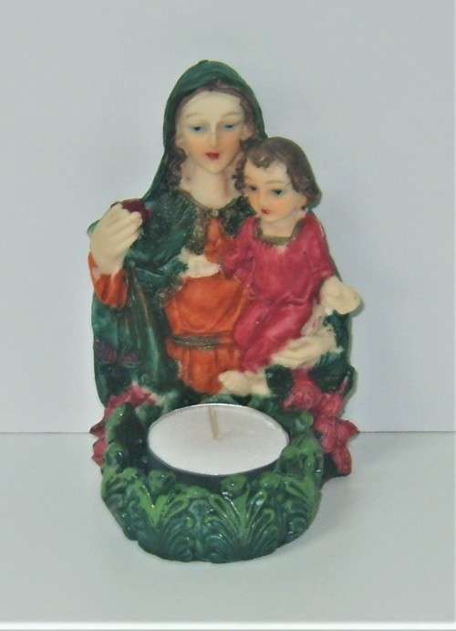 VIRGIN MARY AND YOUNG JESUS STONE RESIN CANDLE HOLDER 11 cm HEIGHT