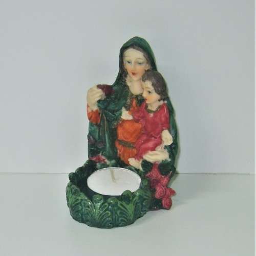 VIRGIN MARY AND YOUNG JESUS STONE RESIN CANDLE HOLDER 11 cm HEIGHT