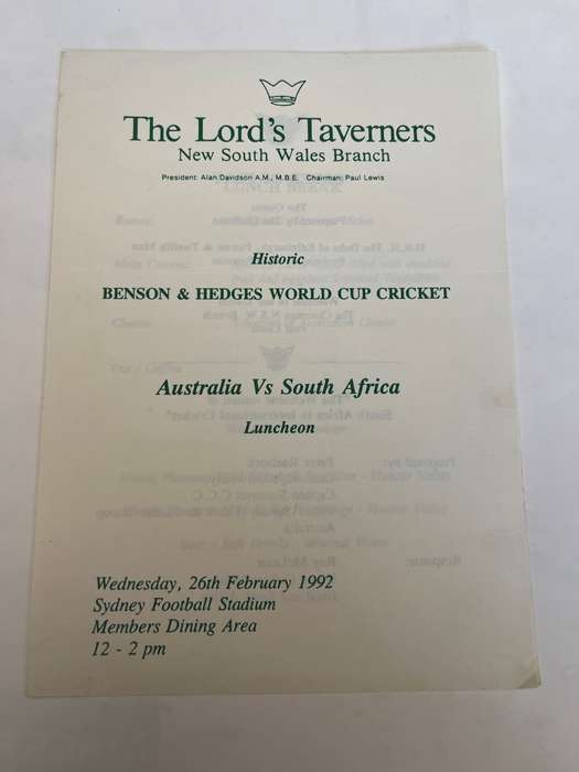 Cricket Menu - Benson & Hedges World Cup Cricket Aus vs SA Luncheon Menu 26/02/1992
