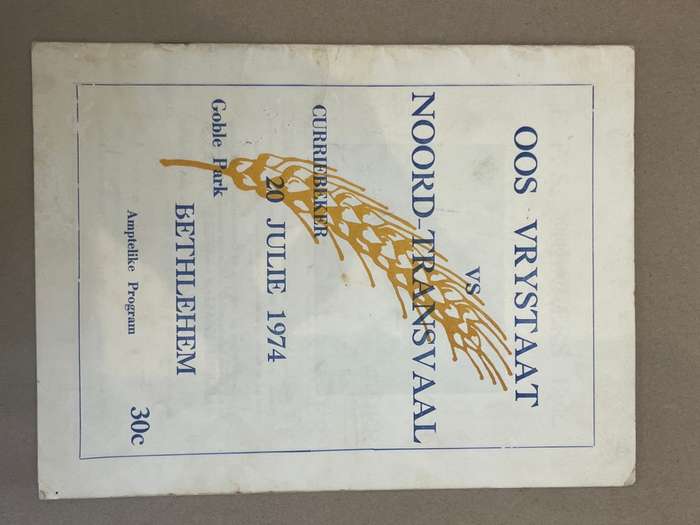 Rugby Programme - Oos-Vrystaat vs Noord-Transvaal 20/07/1974
