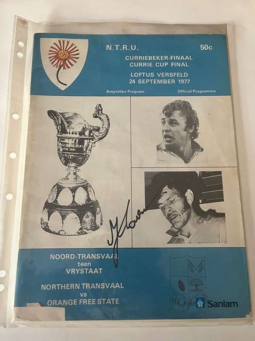 Rugby Programme - *CURRIE CUP FINAL* Northern-Transvaal vs Free State 24/09/1977 Signed by T Lourens