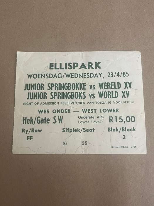 Rugby Ticket - Junior Springboks vs World XV 23/04/1985