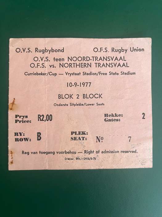 Rugby Ticket - Free State vs Northern-Transvaal 10/09/1977