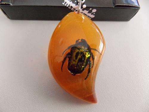 Yellow Amber Keychain with Beetle