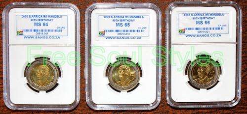 Awesome Trio of 2008 Mandela 90th Birthday R5 SANGS Graded MS 64, MS 65 AND MS 66