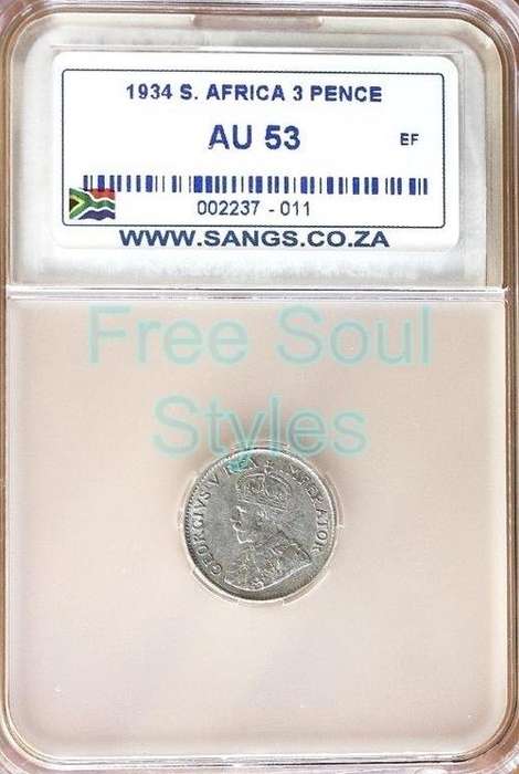 1934 3 Pence SANGS Graded AU 53 - Catalogue Value R750.00