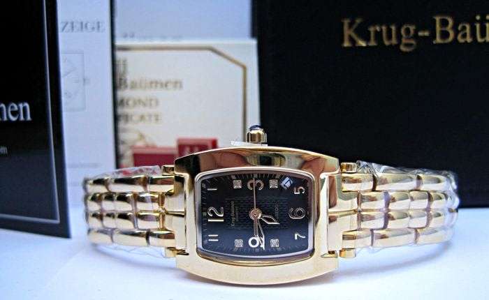 R1 AUCTION RETAIL R10,314.58 Krug-Baumen LADIES Tuxedo Gold  4X REAL Diamond BLACK Dial Gold Strap