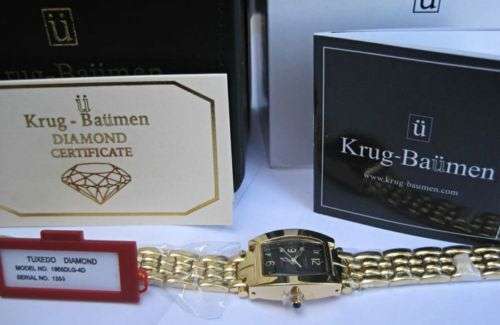 R1 AUCTION RETAIL R10,314.58 Krug-Baumen LADIES Tuxedo Gold  4X REAL Diamond BLACK Dial Gold Strap