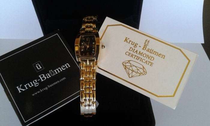 R1 AUCTION RETAIL R10,314.58 Krug-Baumen LADIES Tuxedo Gold  4X REAL Diamond BLACK Dial Gold Strap