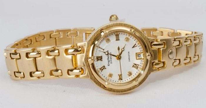 R1 AUCTION!! RRP £585 Krug Baumen Ladies Charleston 4 Diamond White Dial 18K Gold  Strap Watch