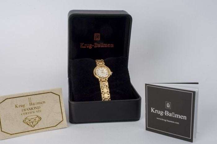 R1 AUCTION!! RRP £585 Krug Baumen Ladies Charleston 4 Diamond White Dial 18K Gold  Strap Watch