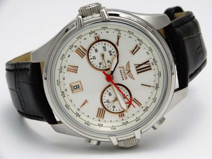 R1 AUCTION: Aviator F Series Multi Function Dual Time ROSE Gold Features Black Leather Watch. 10 ATM