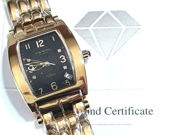 R1 AUCTION RETAIL R10,314.58 Krug-Baumen LADIES Tuxedo Gold  4X REAL Diamond BLACK Dial Gold Strap