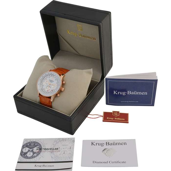 RRP: R12,963 Krug Baümen Air Traveller  8 Genuine Diamond Rose Gold  Dial Tan Strap Watch