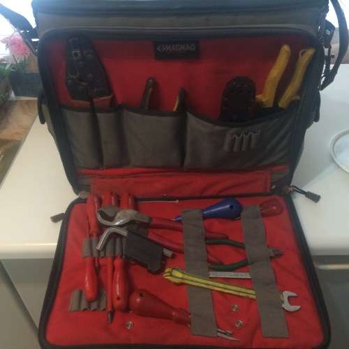 magma tool case with network hardware and electrician tools