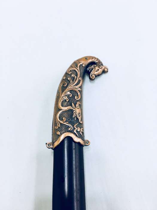 Shamshir Scimitar Saber Sword Metal Short Sword and Stand - Bronze