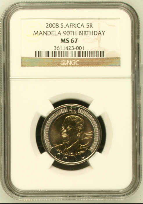 2008 South Africa R5 - Nelson Mandela - 90th Birthday!! High Grade NGC MS67