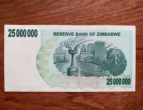 Zimbabwe $25 MILLION Bearer Cheque - ERROR CHEQUE - Watermark 500 and Note 25 000 000 - Issued 2008