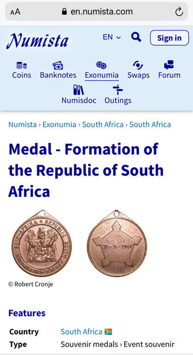 *** 31-5-1961  Bronze Medal - Formation of the Republic of South Africa.