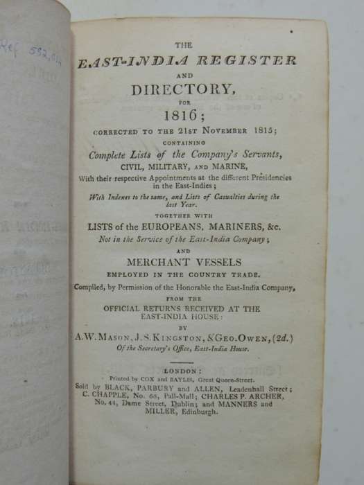 The East-India Register and Directory  for 1816 - A.W. Mason, J.S. Kingston & Geo. Owen