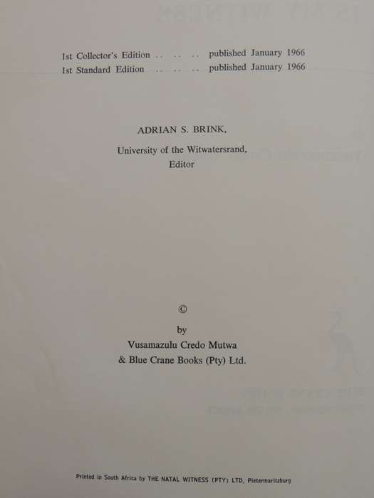 Africa is my Witness - Vusamazulu Credo Mutwa   (Sequal to INDABA, MY CHILDREN) 1966 1st Std Edition