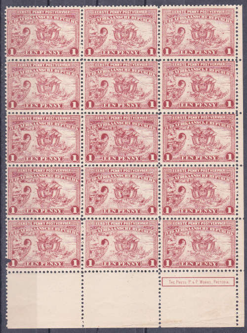 ZAR. 1895, 6 Sept. Lithographed by Printing Press, 1 Penny, mint block of 15. CV R ???.00 view scans