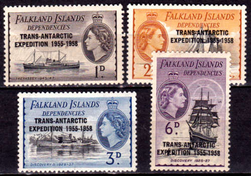 FALKLAND ISLANDS DEPENDENCIES 1956, 30 Jan. PREVIOUS STAMPS O/P, set, MH, CV +/-R 50.00 view scans