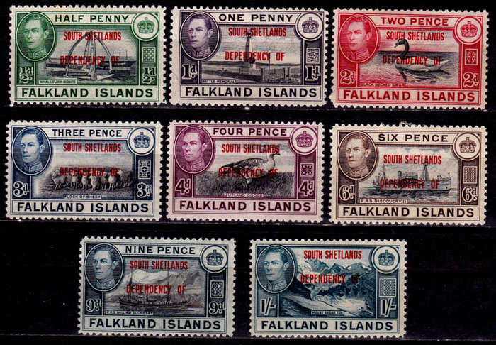 SOUTH SHETLANDS, 1944. Falkland island overprinted. Full set